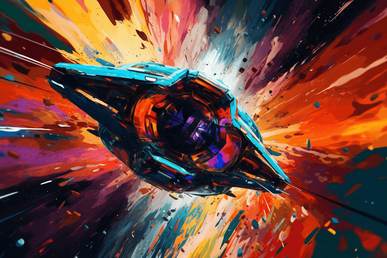 An abstract image of a spaceship approaching a wormhole, with bright colors and distorted shapes.