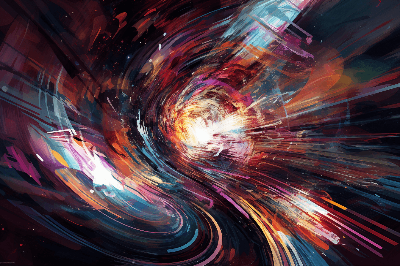 An abstract image of a spaceship traveling through a wormhole, with bright colors and surreal patterns.