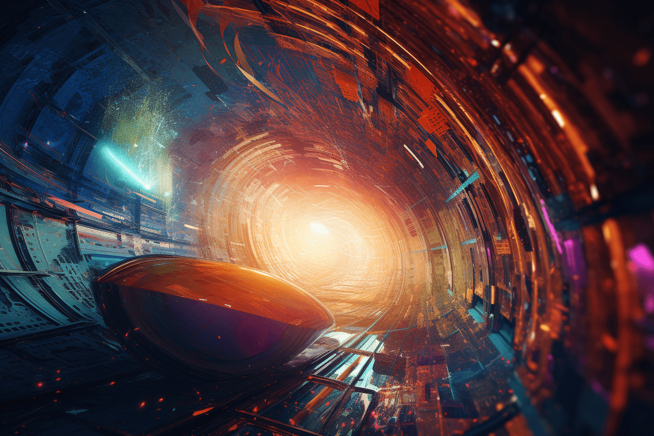 An abstract image of a spaceship traveling through a wormhole, with bright colors and surreal patterns.