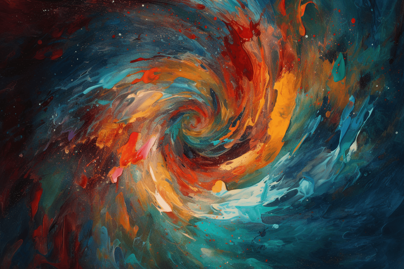 An abstract image of a spiral galaxy, with bright colors and swirling patterns that evoke a sense of movement and depth.