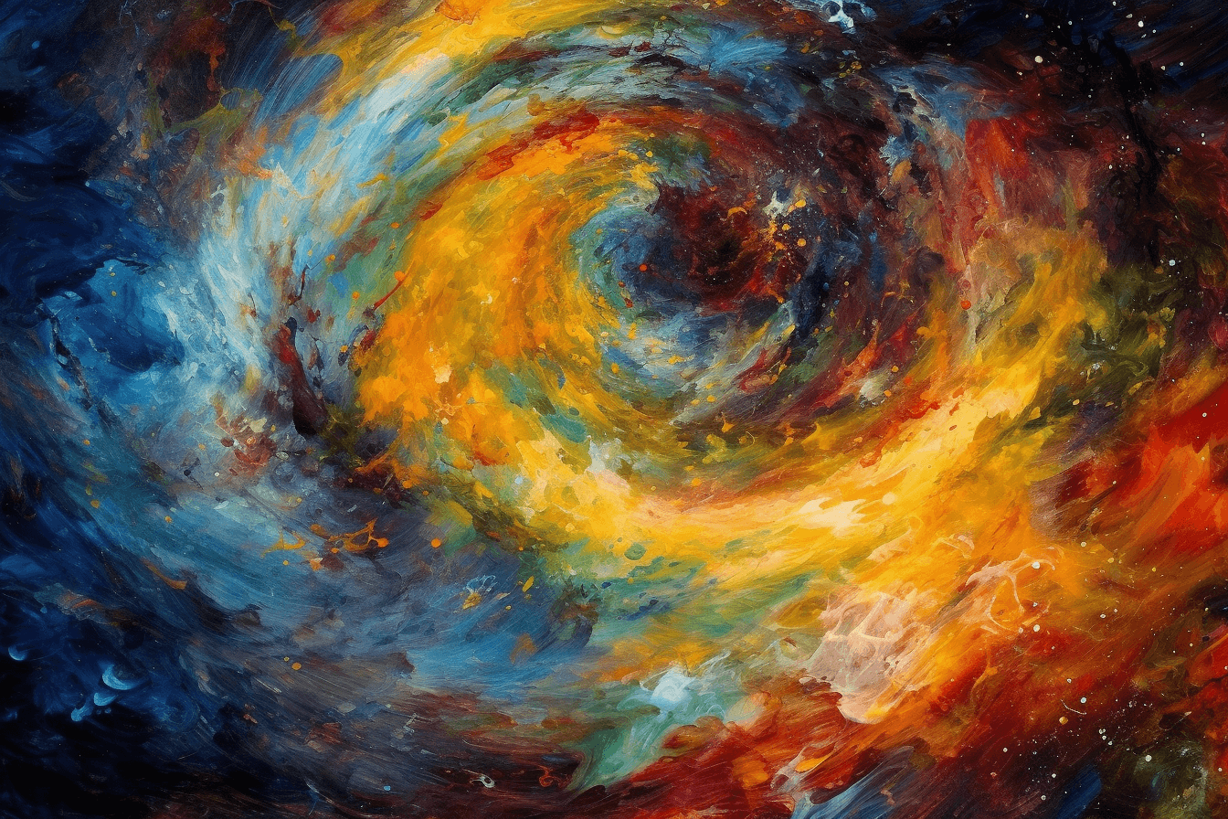 An abstract image of a spiral galaxy, with bright colors and swirling patterns that evoke a sense of movement and depth.