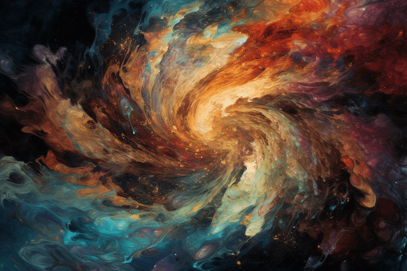 An abstract image of a swirling galaxy, with bright colors and intricate patterns.