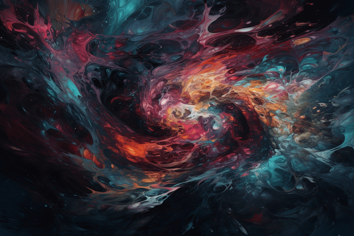 An abstract image of a swirling galaxy, with bright colors and intricate patterns.