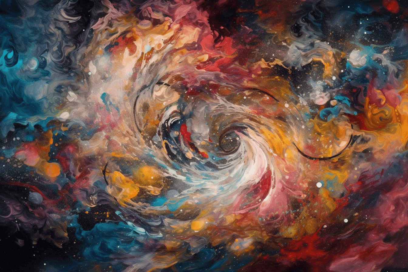 An abstract image of a swirling galaxy, with bright colors and intricate patterns.