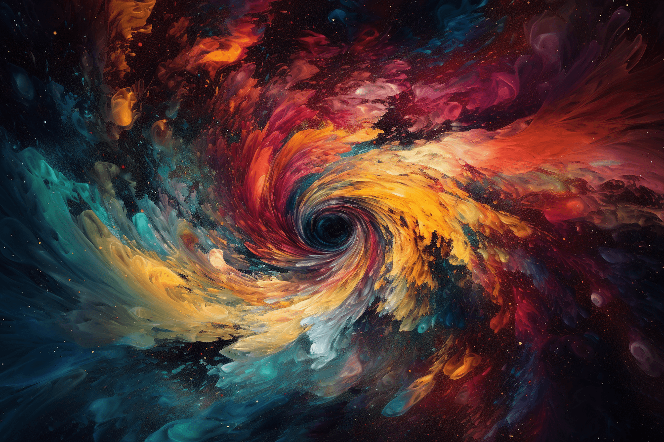 An abstract image of a swirling galaxy, with bright colors and intricate patterns.