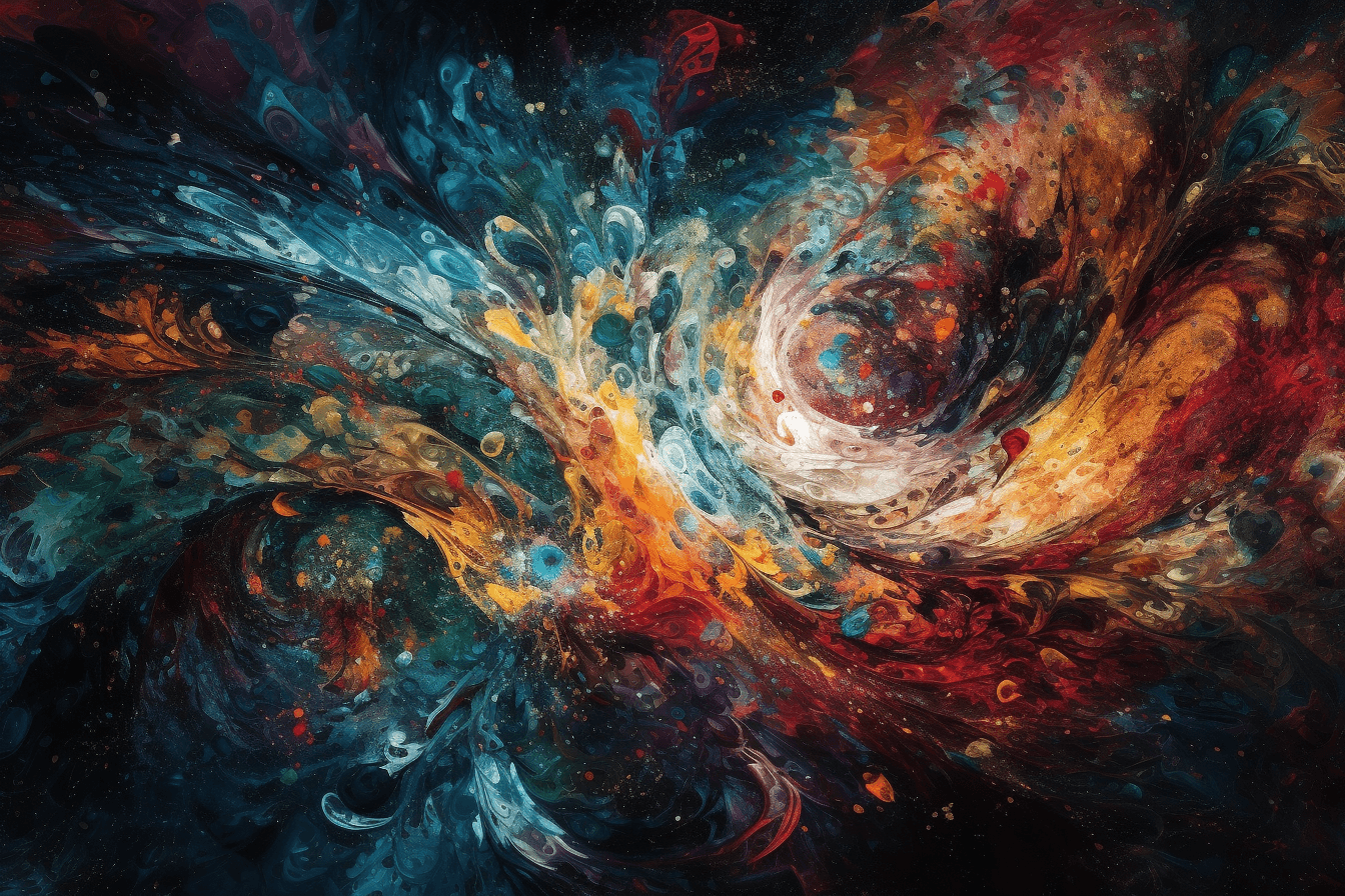 An abstract image of a swirling galaxy, with bright colors and intricate patterns.