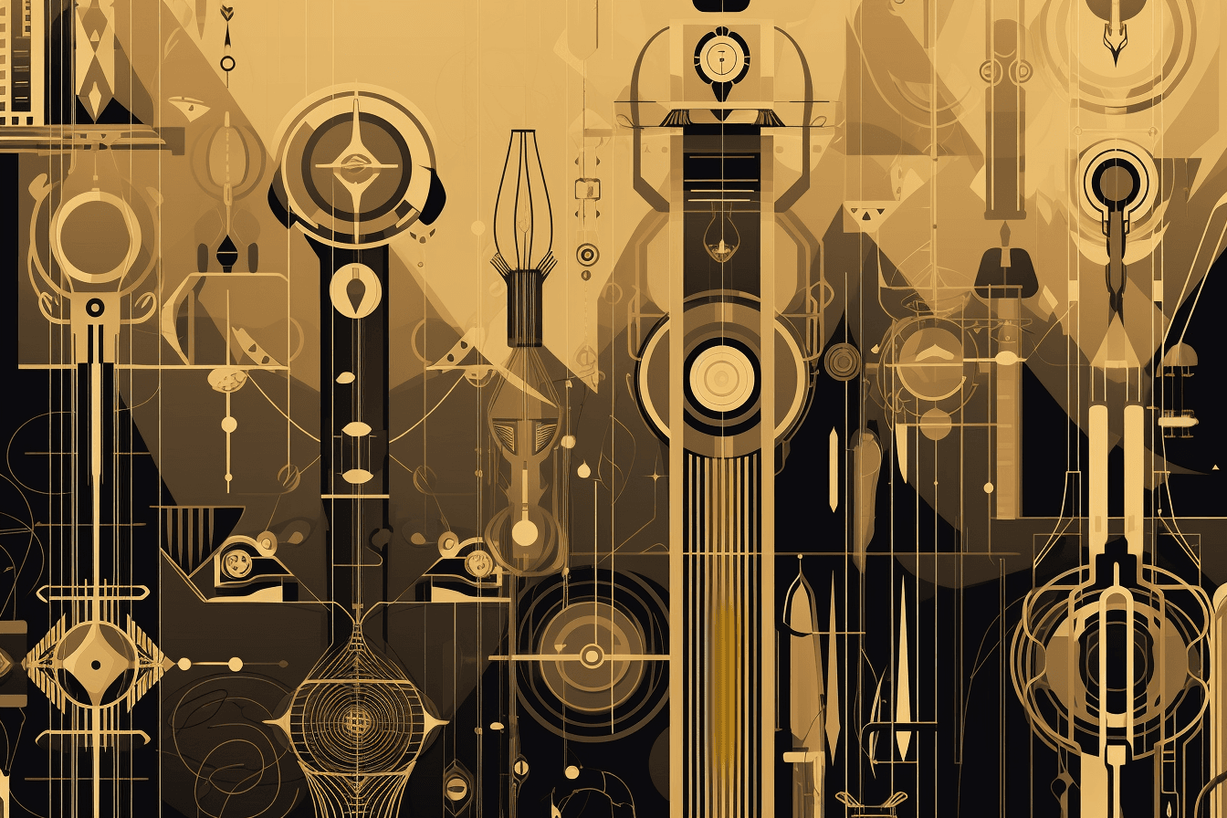 An Art Deco-inspired pattern in shades of gold and black, with futuristic elements such as robot arms and AI nodes.