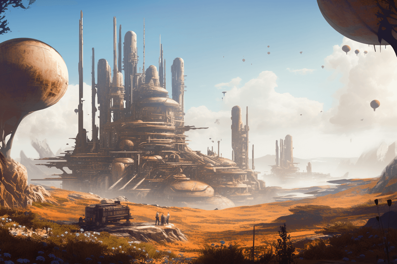 An illustration of a colony on a distant planet, with a mix of futuristic and traditional architecture.