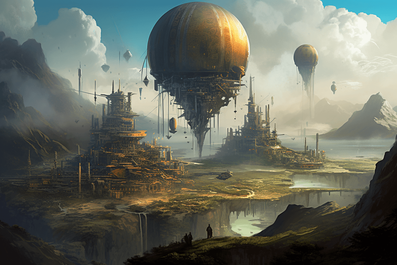 An illustration of a colony on a distant planet, with a mix of futuristic and traditional architecture.