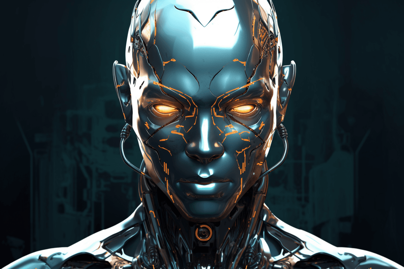 An illustration of a cyborg with a metallic body and glowing eyes