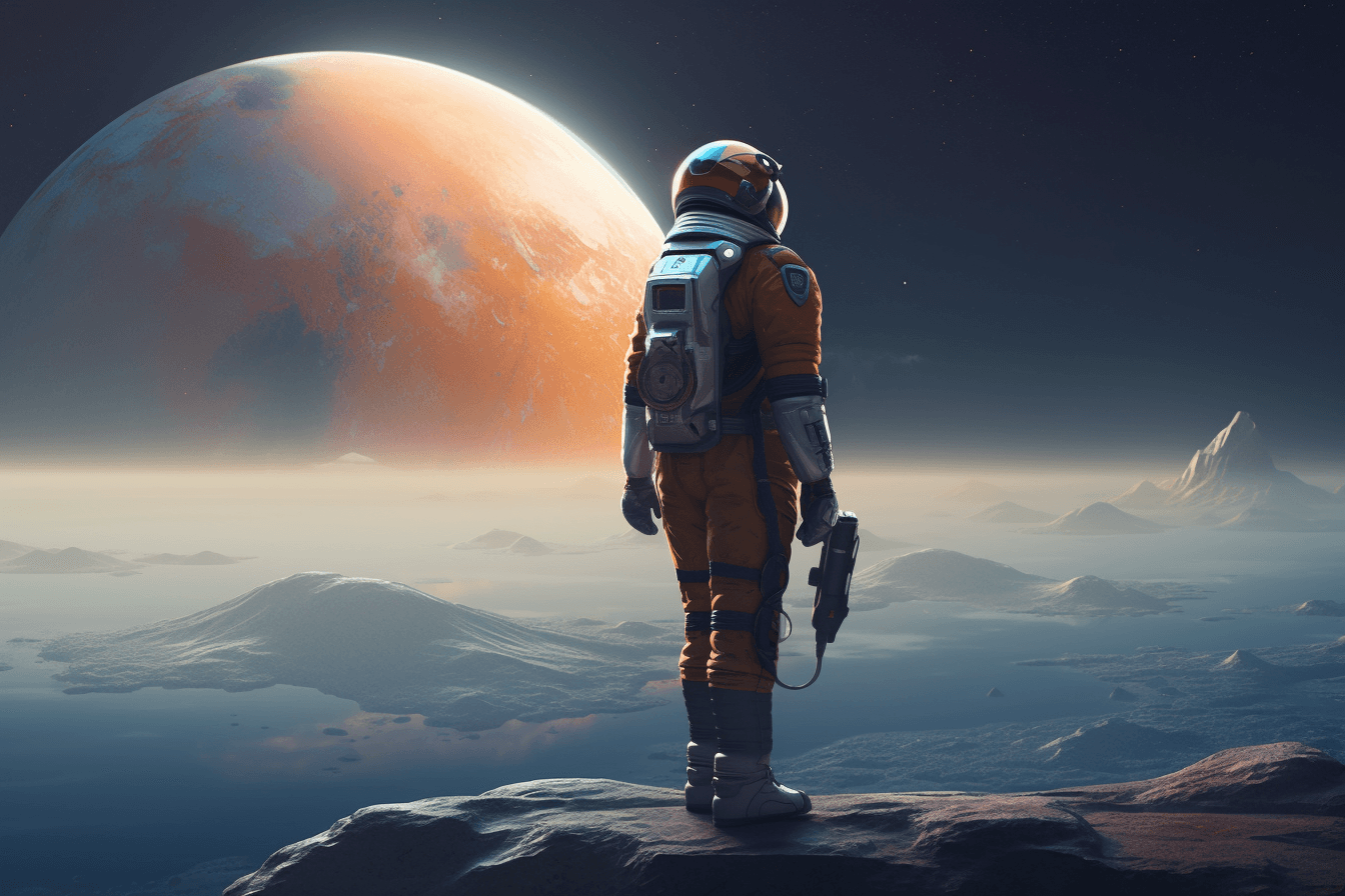 An illustration of a futuristic astronaut in a sleek spacesuit, standing on the surface of a distant planet.