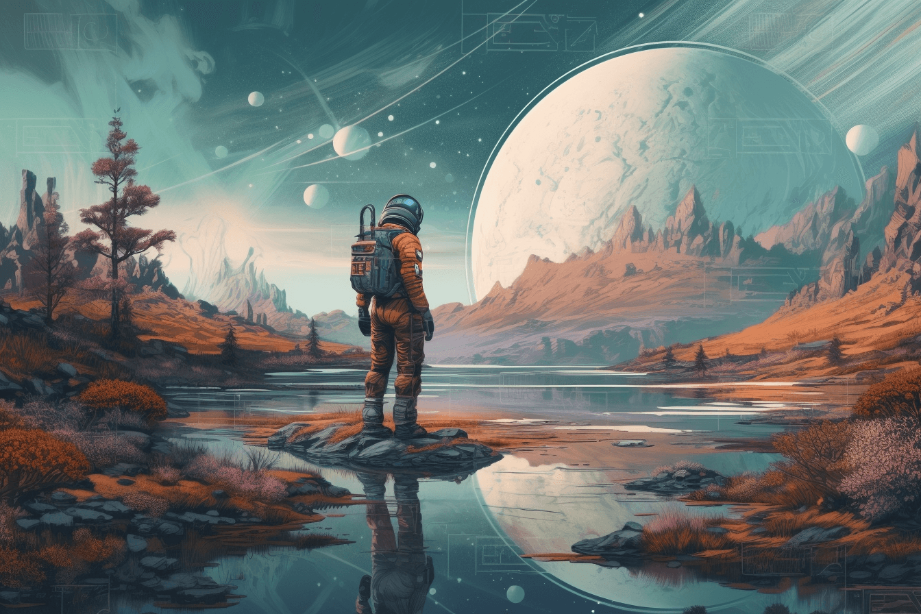 An illustration of a futuristic astronaut in a sleek spacesuit, standing on the surface of a distant planet.