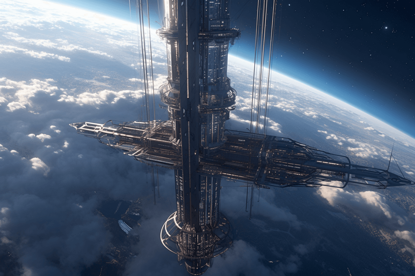 An illustration of a futuristic space elevator, with a cable stretching from Earth into orbit.