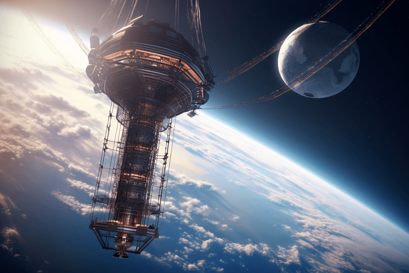 An illustration of a futuristic space elevator, with a cable stretching from Earth into orbit.