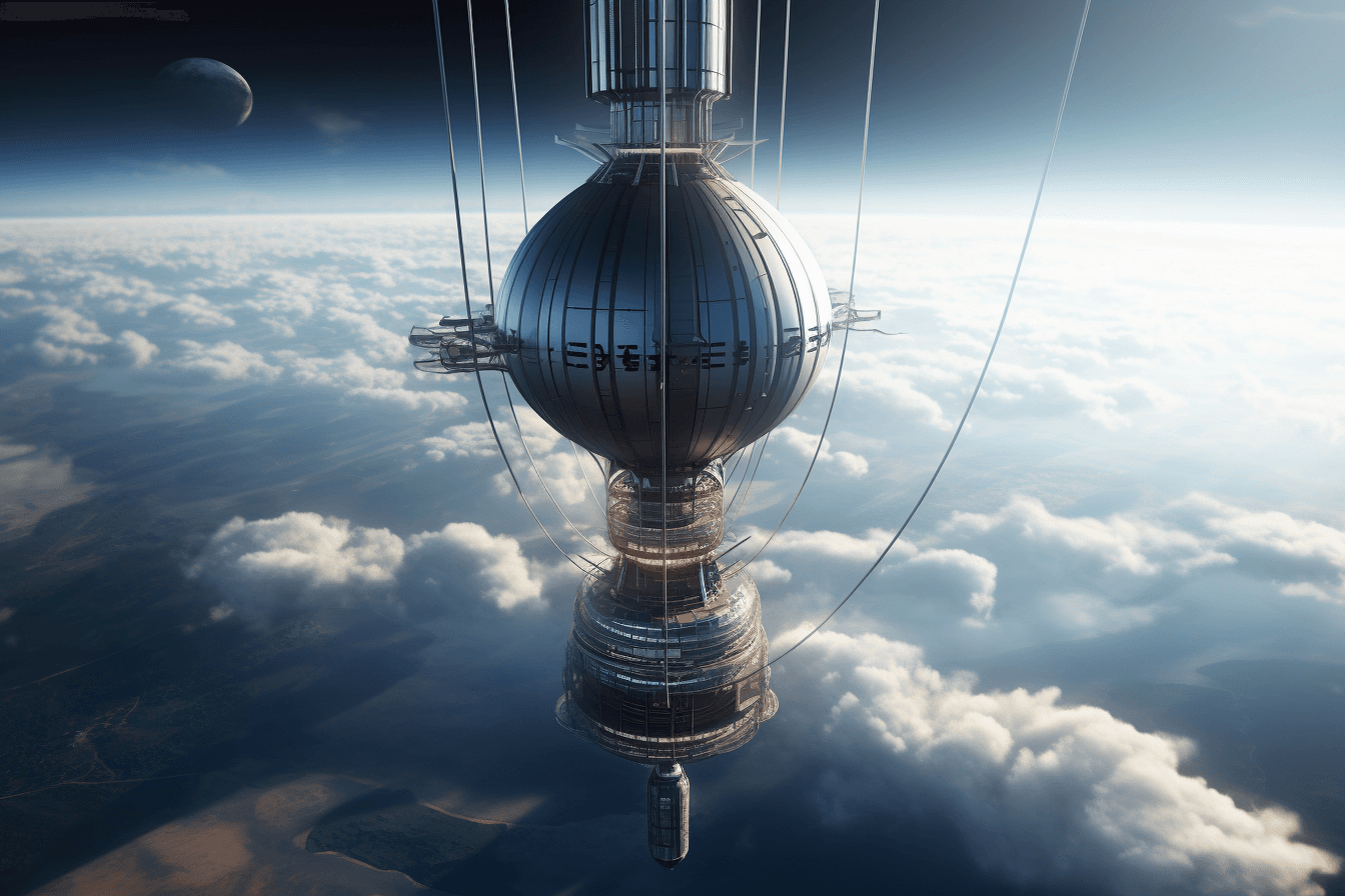 An illustration of a futuristic space elevator, with a cable stretching from Earth into orbit.