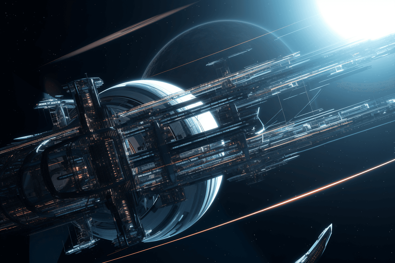 An illustration of a futuristic space station orbiting a distant planet, with sleek lines and metallic accents.