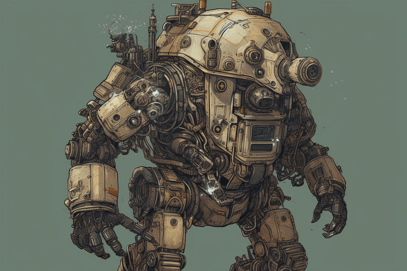 An illustration of a robotic explorer, with metallic textures and intricate details.