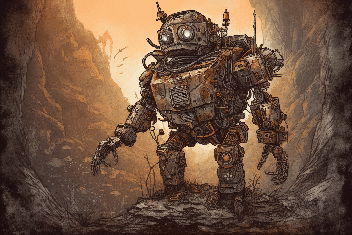 An illustration of a robotic explorer, with metallic textures and intricate details.