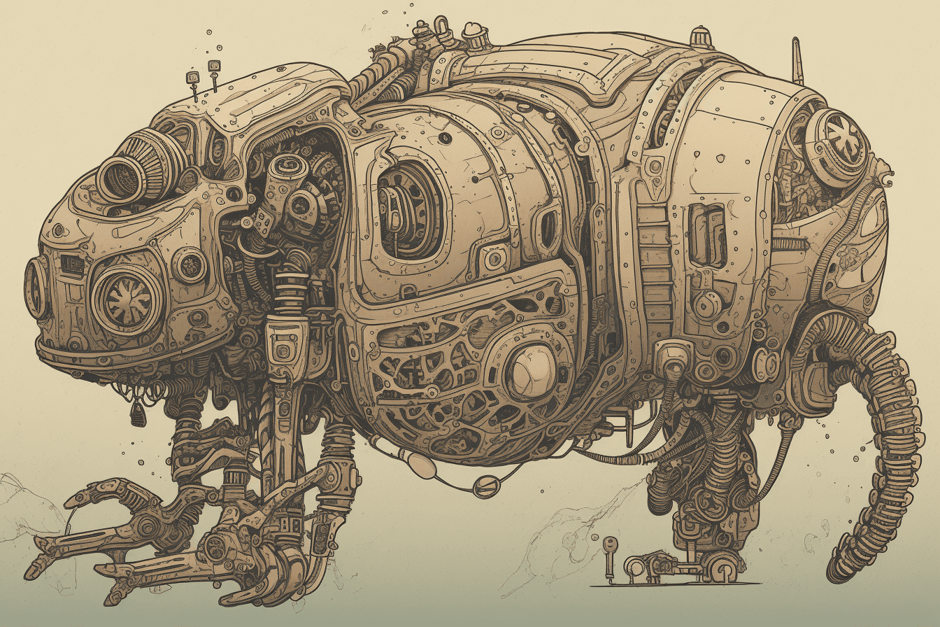 An illustration of a robotic explorer, with metallic textures and intricate details.