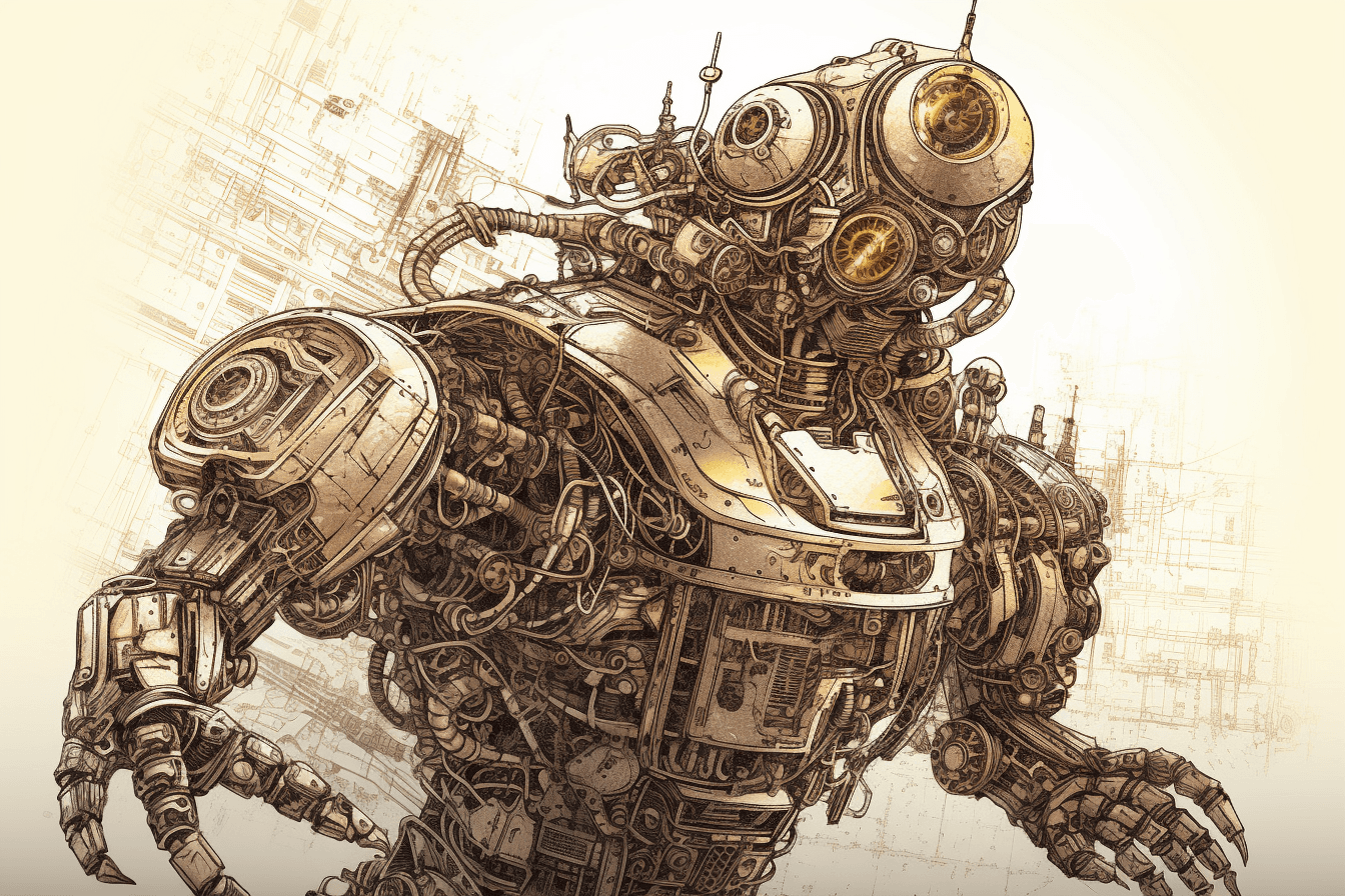 An illustration of a robotic explorer, with metallic textures and intricate details.