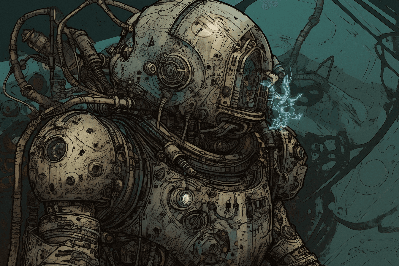 An illustration of a robotic explorer, with metallic textures and intricate details.