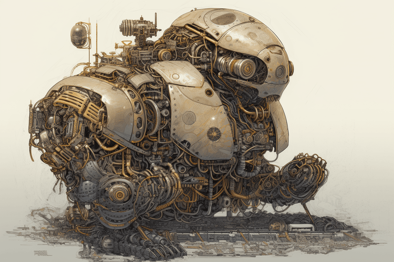 An illustration of a robotic explorer, with metallic textures and intricate details.