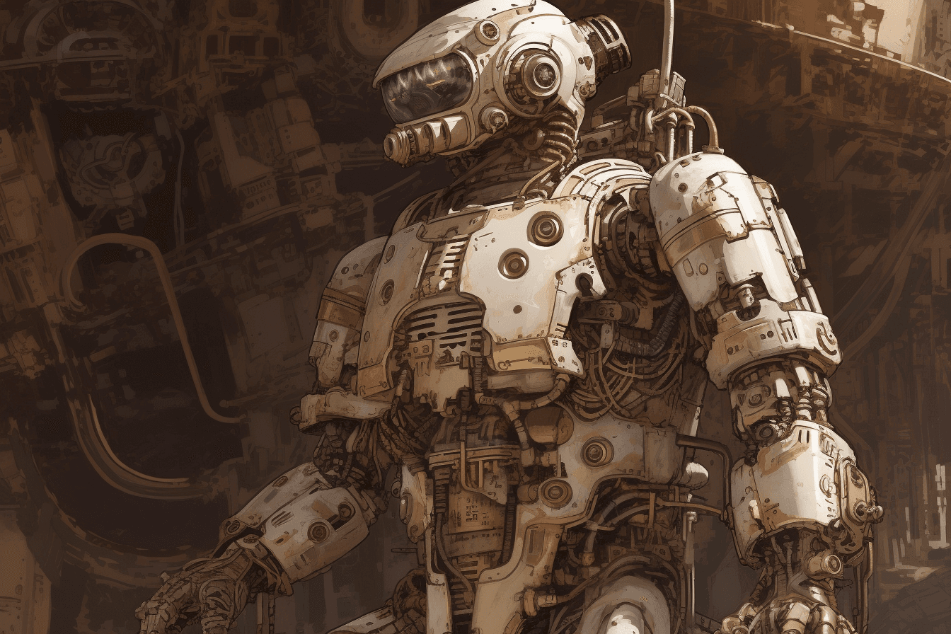 An illustration of a robotic explorer, with metallic textures and intricate details.