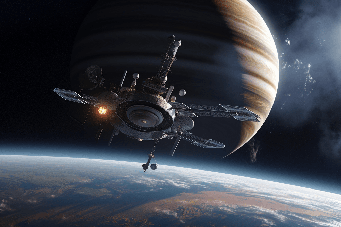 An illustration of a space station in orbit around a gas giant planet, with rings and storms visible in the background.