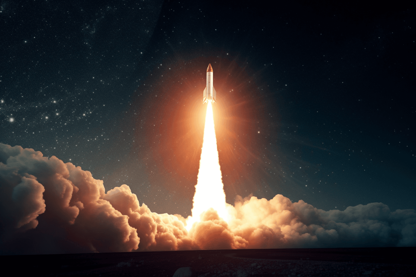 An image of a rocket launching into space with a trail of fire behind it, set against a starry sky.