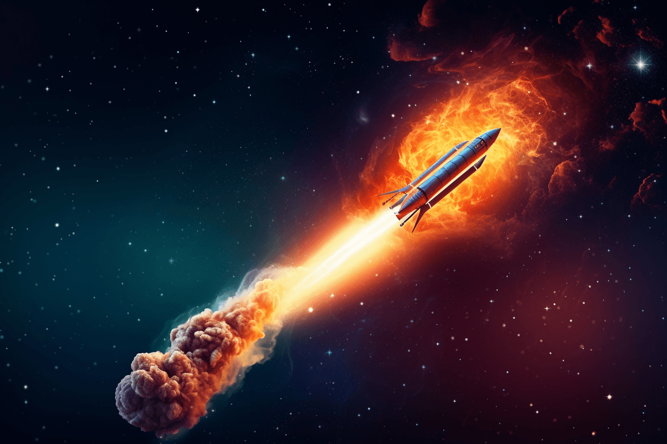 An image of a rocket launching into space with a trail of fire behind it, set against a starry sky.