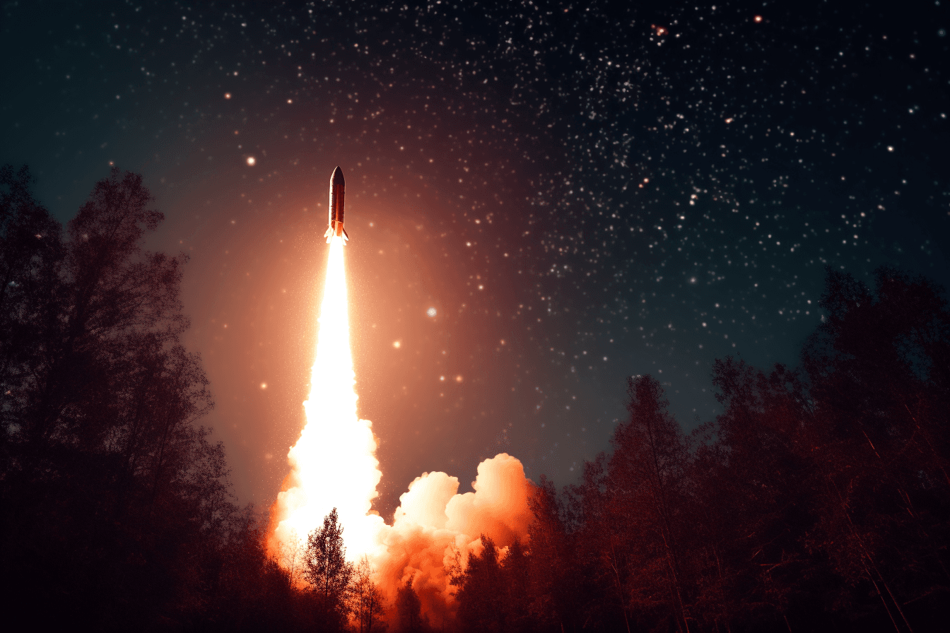 An image of a rocket launching into space with a trail of fire behind it, set against a starry sky.