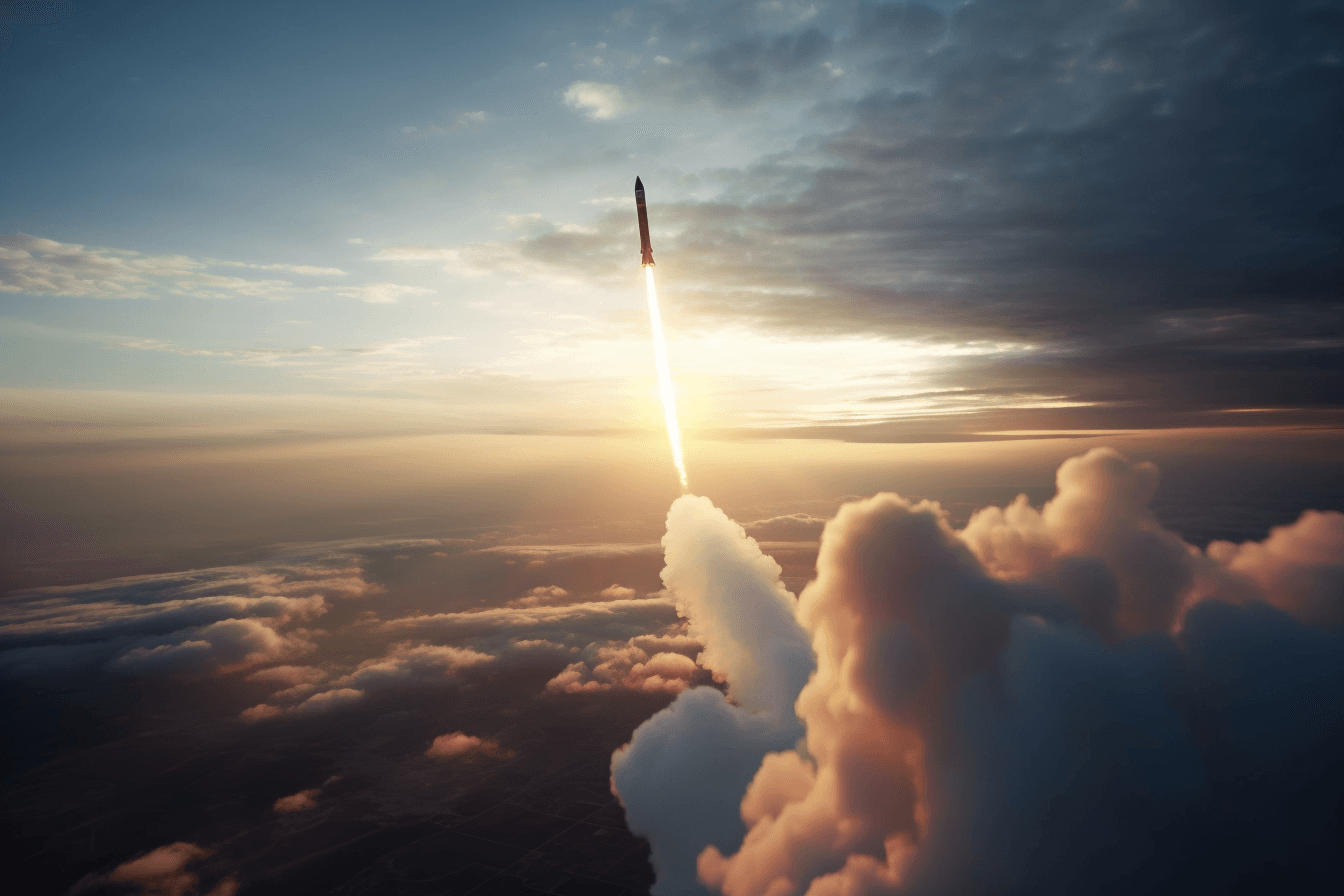 An image of a rocket taking off from Earth, with a fiery trail leading into the clouds.