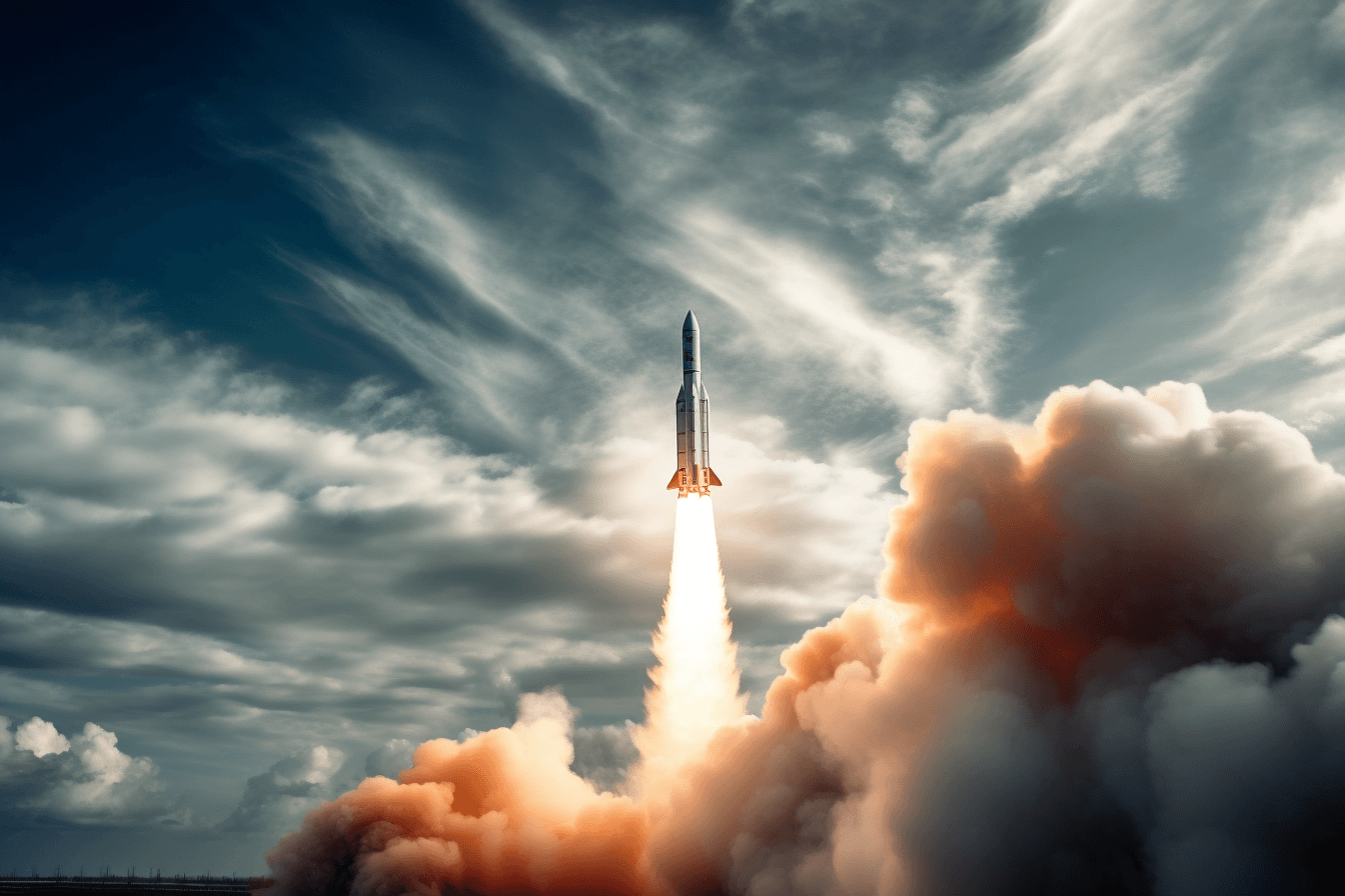 An image of a rocket taking off from Earth, with a fiery trail leading into the clouds.