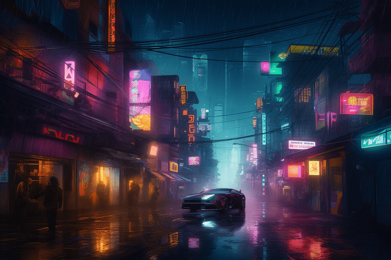 An urban-inspired wallpaper with a grunge aesthetic, featuring a neon-lit cityscape with futuristic elements such as holographic billboards.