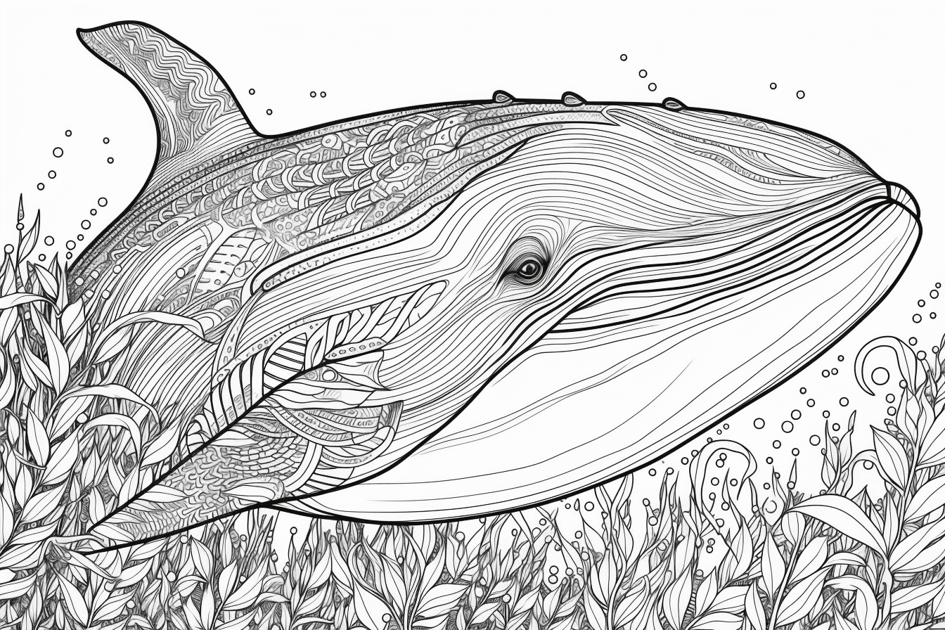 Blue whale as black and white illustration with thin outlines for coloring book