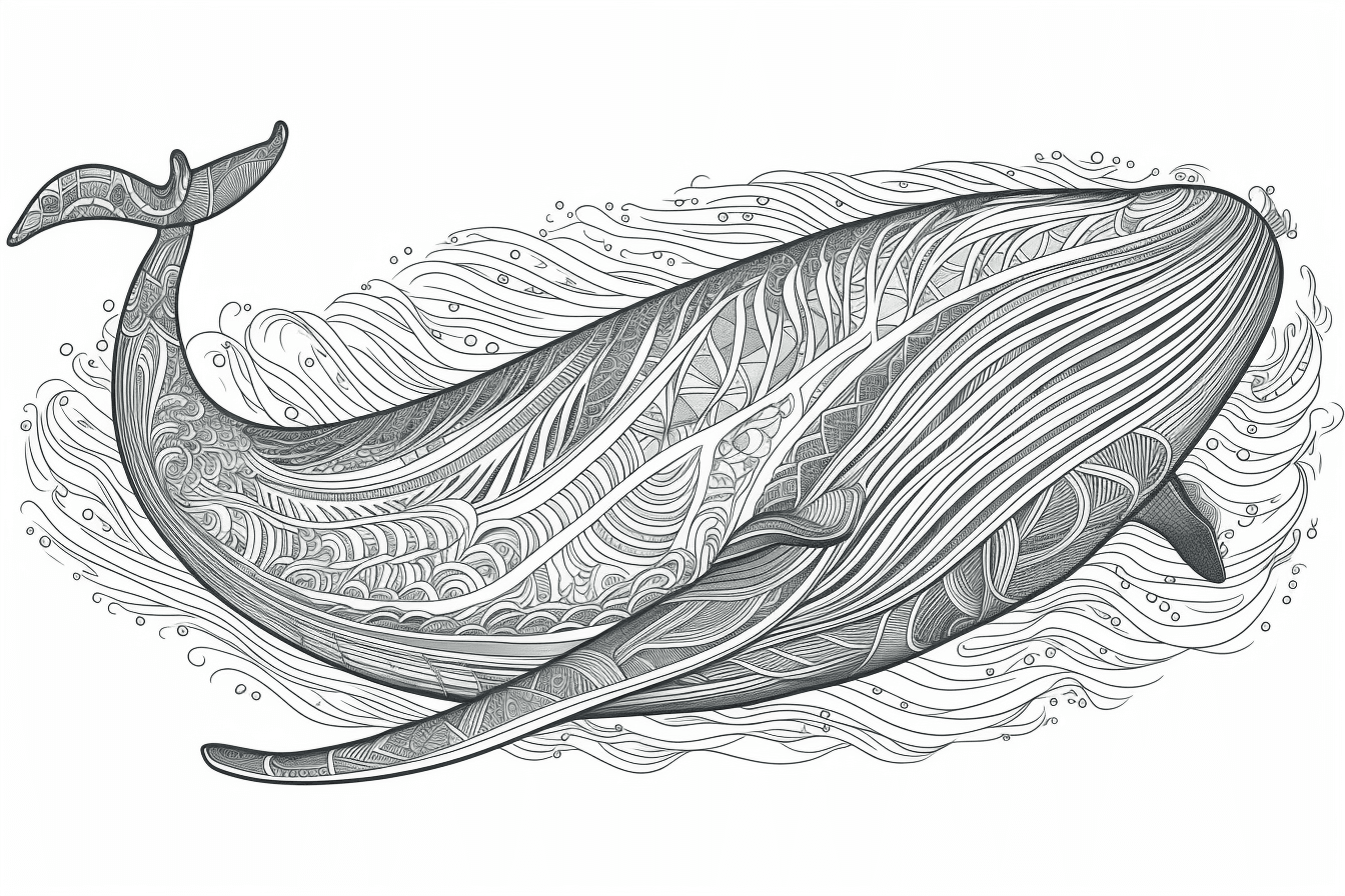 Blue whale as black and white illustration with thin outlines for coloring book