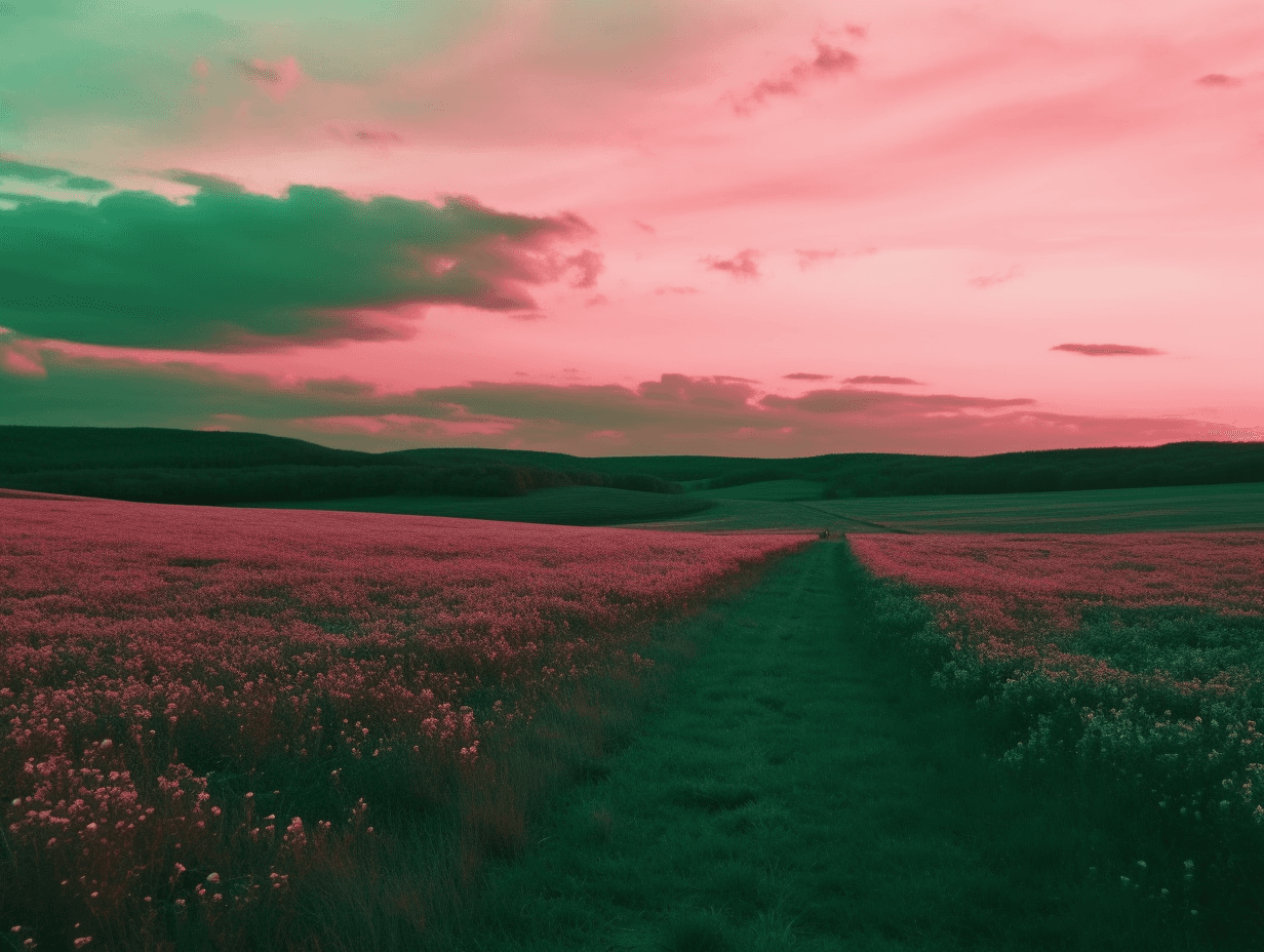 this is a large field, in the style of richly colored skies, light pink and dark green, 32k uhd, kurzgesagt, františek dvořák, romanticized views, hikecore