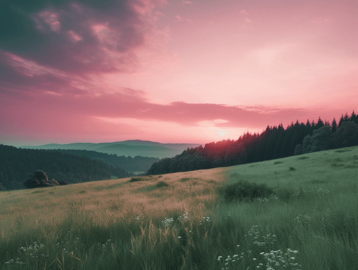 this is a large field, in the style of richly colored skies, light pink and dark green, 32k uhd, kurzgesagt, františek dvořák, romanticized views, hikecore